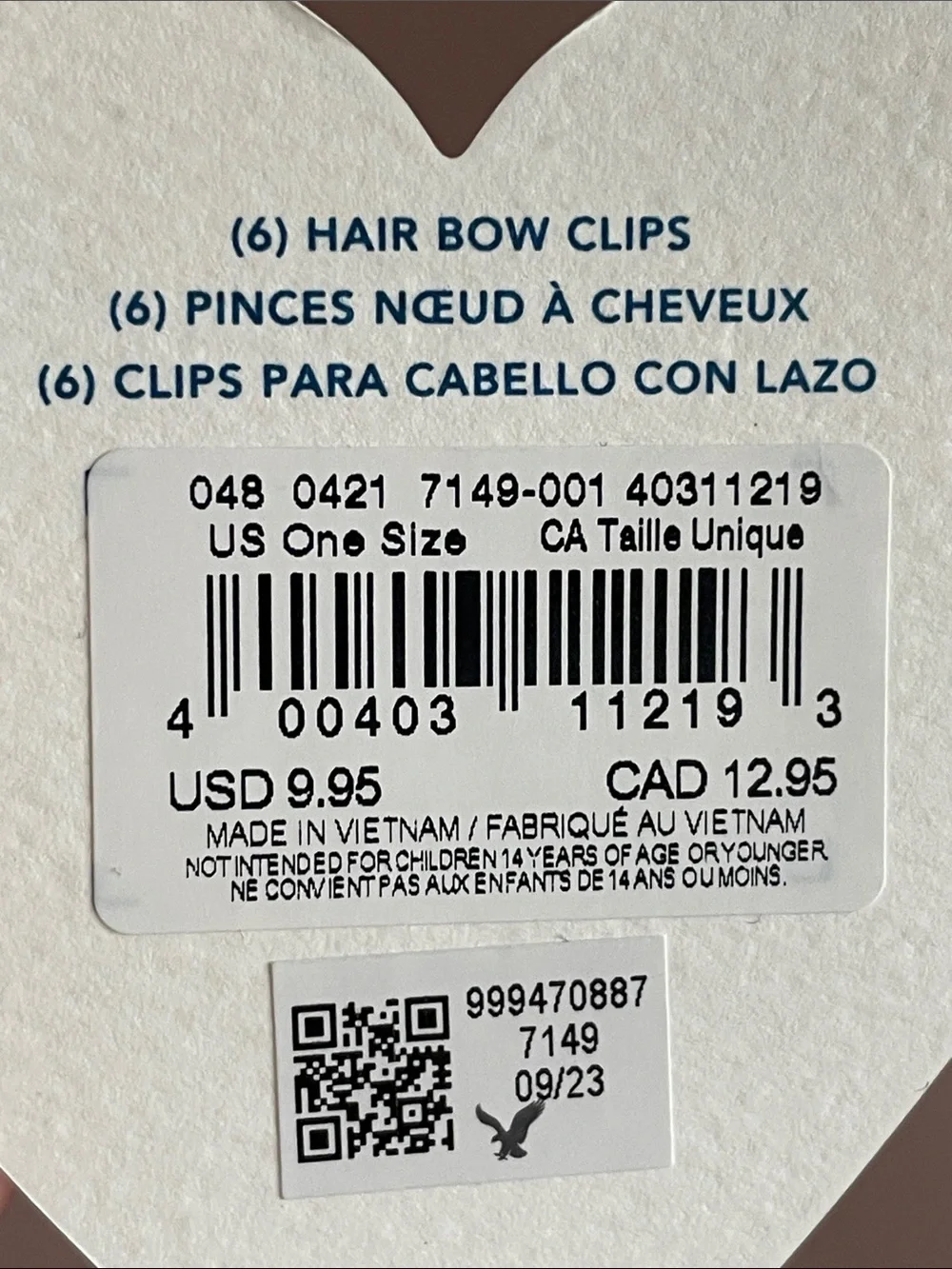 American Eagle 6-Pack Bow Hair Clips in Plastic Heart Ornament - NWT $10 MSRP